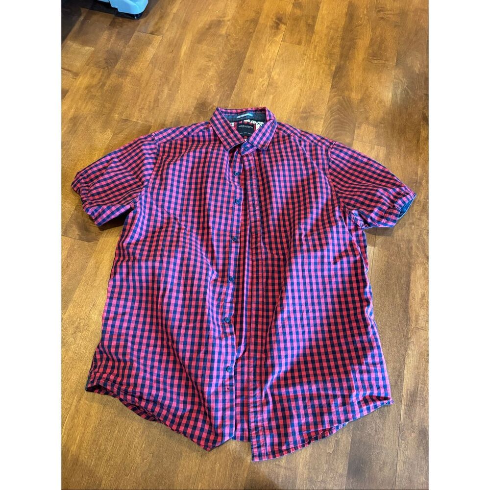 Denim & Flower Ricky Singh Mens L Red Black Check Button Up Shirt Short Sleeve C